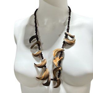 Vtg Handmade Apple Seed Necklace w Acacia Koa Seed Hawaiian Lei Botanical 28"
